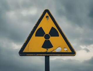 Weathered radioactive warning sign under stormy sky, symbolizing danger, nuclear contamination, and environmental hazard in an ominous outdoor setting.
