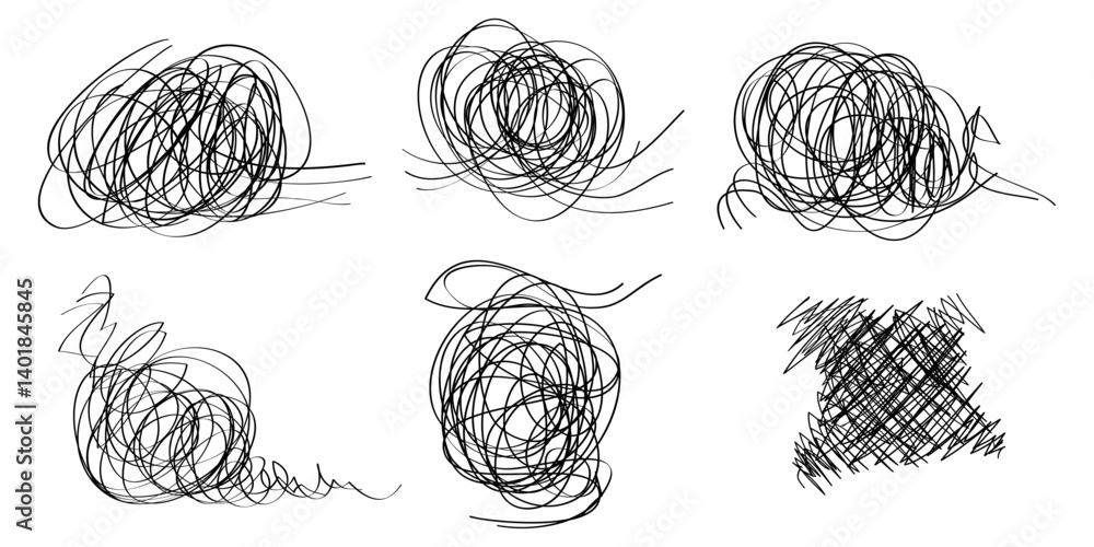 Poster set of hand drawn scribble sketch circle object. tangled grungy round scribble. isolated on white ba
