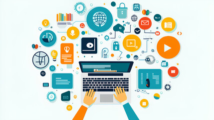 E-library and E-learning Concept, Person using laptop with virtual E-Book icons for online knowledge Base, Digital library, Access electronic books on Internet. Course education. Webinar technology