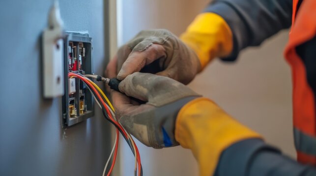 Electrician testing electrical outlets in a house. Featuring focus and attention to detail