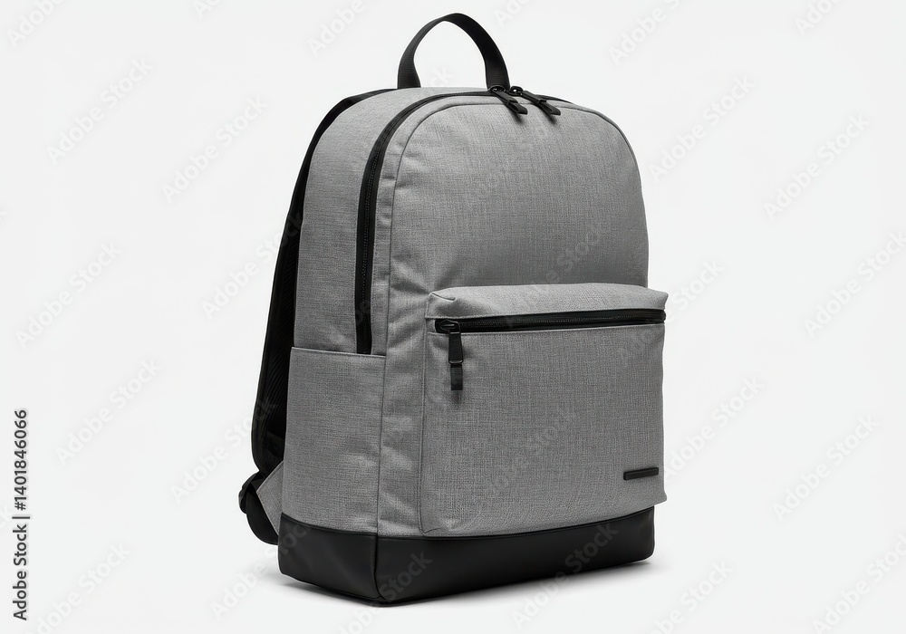 Aufkleber a gray backpack with black accents is displayed against a plain white background in a studio setting