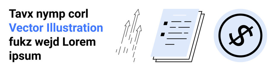 Rising arrows, document, and dollar sign represent business success, financial growth, planning, analytics, investment, data budgeting. Ideal for finance consulting tech corporate reports