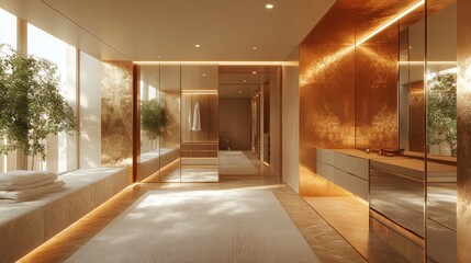 Obraz premium Luxurious Modern Dressing Room with Golden Accents and Natural Light