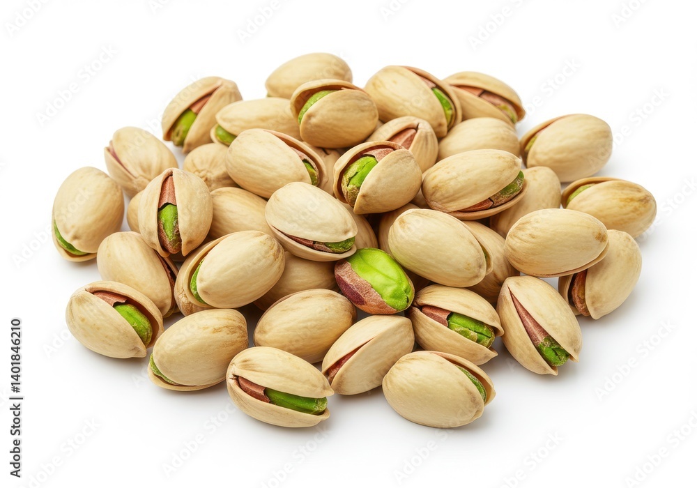 Poster a heap of pistachios with open shells revealing the green nuts on a white background close up view