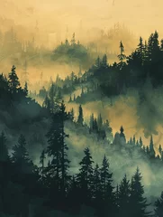Wandcirkels Mistig bos Watercolor of forest with mountainous an pine trees in foggy background  © goodeeday