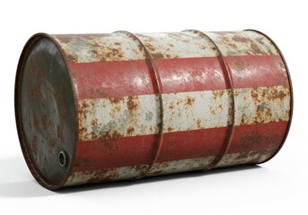 A rusty metal barrel with red and white stripes lying horizontally on a white surface in a studio shot