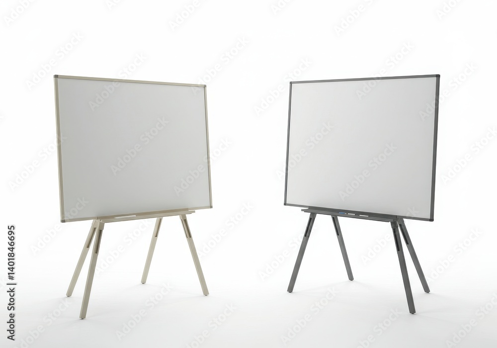 Poster two whiteboards on stands against a white background in a studio setting with soft lighting