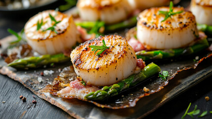 Seared scallops recipe with asparagus and bacon gourmet seafood dish on black plate food photography
