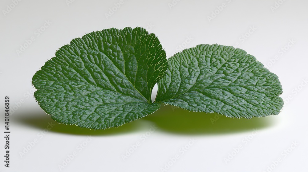 Poster close-up of two vibrant green leaves. textured, rounded, and slightly overlapping, creating a symmet