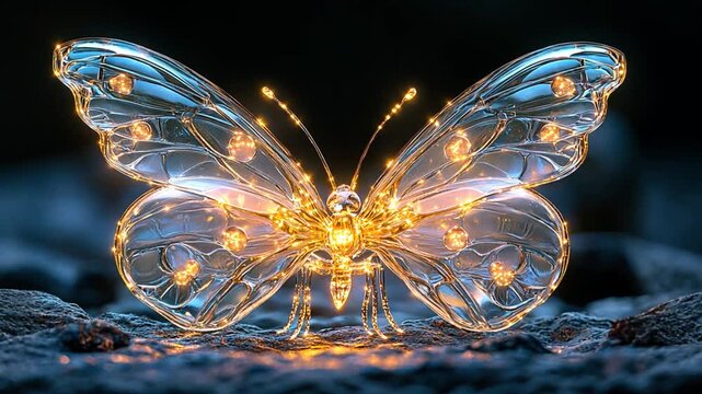 A luminous glass butterfly with glowing accents rests on a textured surface, surrounded by a soft blur