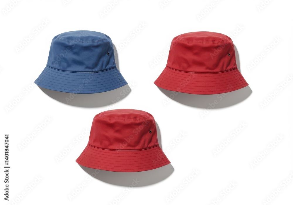 Aufkleber three bucket hats in blue and red colors on a white background in a studio setting with shadows