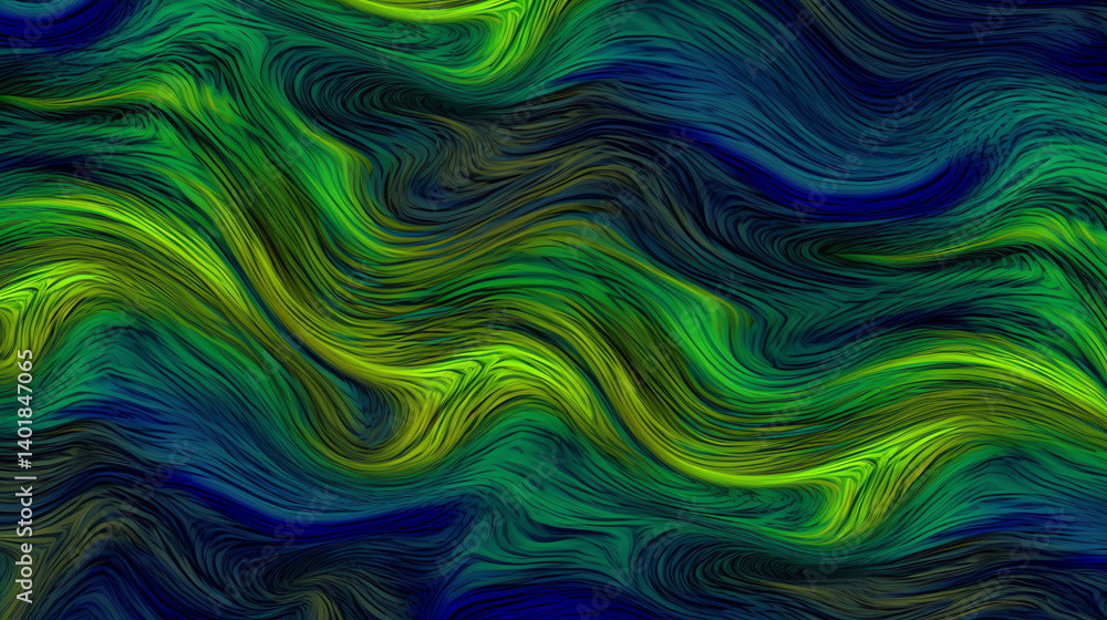 Poster dynamic abstract pattern features vibrant greens and blues with swirling forms, creating an energeti