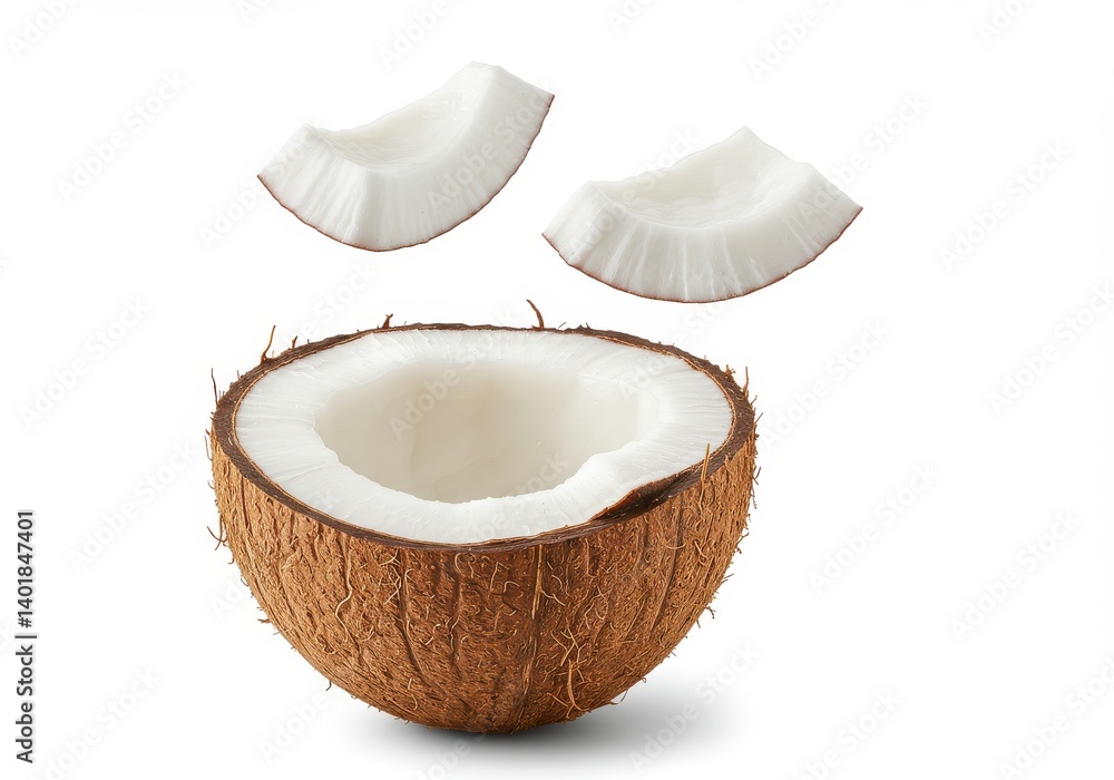 Poster a half coconut with two slices floating above it on a plain white studio background in a close up sh