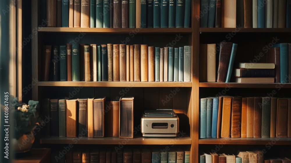 Poster a bookshelf organized by the color of book spines, with a toaster randomly placed among them