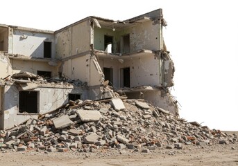 A destroyed building with rubble and debris against a white background in a desolate setting