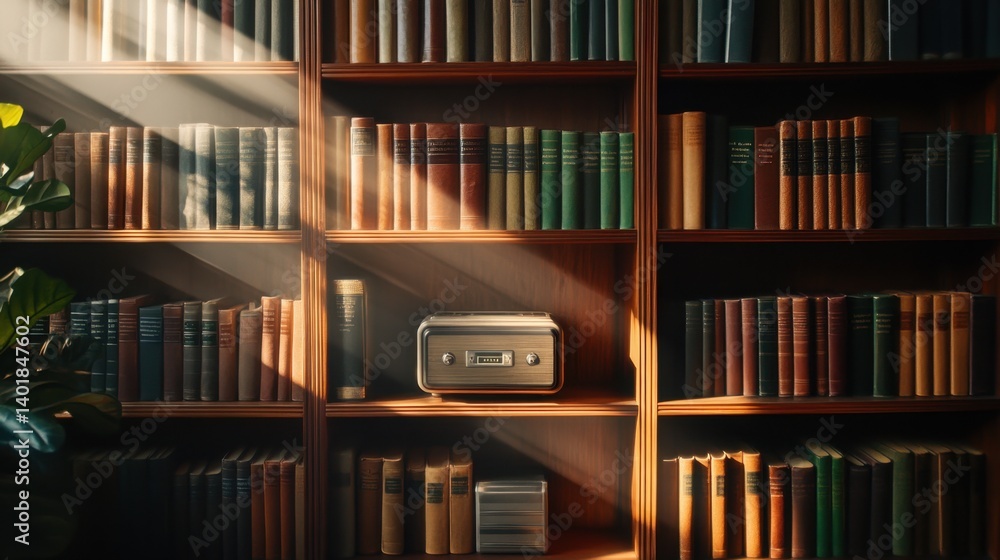 Poster a bookshelf organized by the color of book spines, with a toaster randomly placed among them