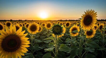 Fototapeta premium A vibrant sunflower field at sunset, with golden sunflowers 