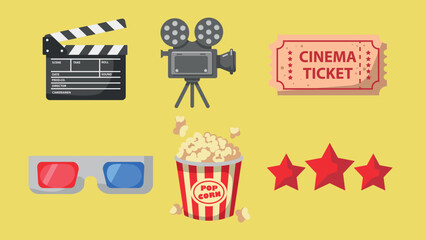 Movie night icons and element set. Cinema and film graphic collection. Movie theater essentials clipart illustration. Clapperboard, projector, ticket, 3D glasses, pop corn, three stars.