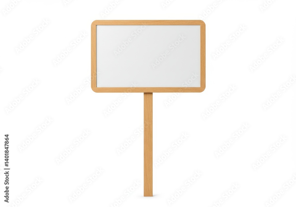 Poster a simple blank sign with a wooden frame and post isolated on a white background in a studio shot
