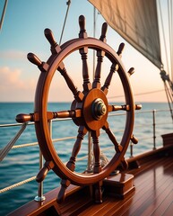 Wooden ship steering wheel at sunset on calm ocean, symbolizing navigation, travel, and adventure on a classic vessel during a peaceful maritime journey.

