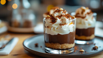 Delicious chocolate pudding dessert recipe with whipped cream and cookie crumble topping close up view