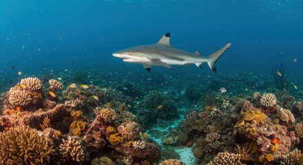 Fototapeta premium Blacktip Reef Shark Swimming Over Vibrant Coral Reef