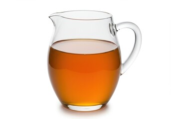 A clear glass pitcher filled with a golden brown liquid against a white background in a studio shot