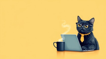 A cat wearing a tie working on a laptop with a coffee mug