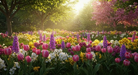 Obraz premium Colorful Spring Flowers and Cherry Blossoms at Sunrise