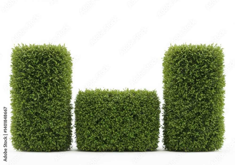 Aufkleber three boxwood shrubs neatly trimmed and arranged on a white background in a studio setting view