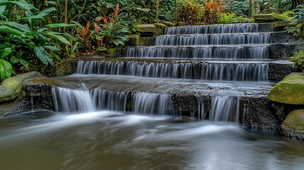Cascading water flows down stone steps, surrounded by lush greenery