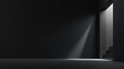 A minimalist scene featuring a dark room with a doorway illuminated by light, creating a contrast between shadow and brightness.