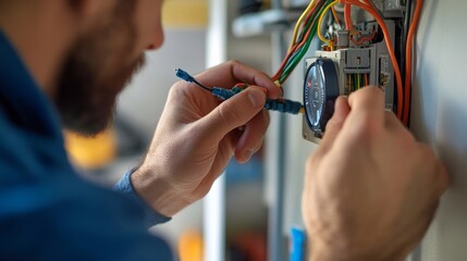 Electrician wiring a smart thermostat in a home. Featuring technology and detail