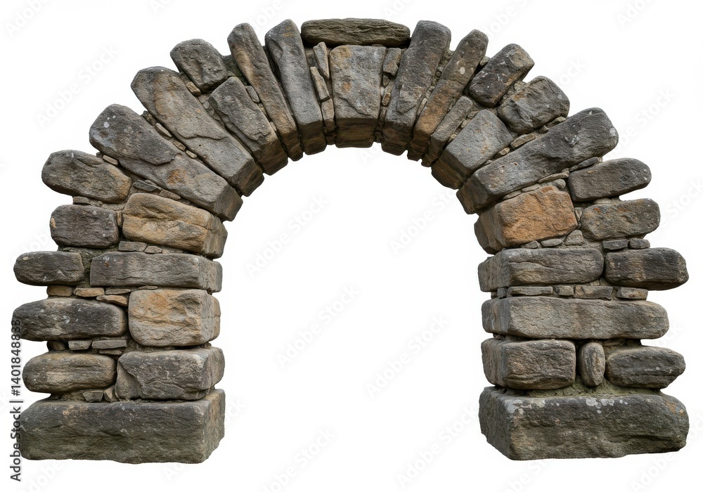 Poster a stone archway constructed with irregular blocks of varying sizes and colors on a white background