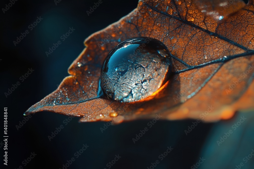 Poster reflection of earth captured in a dew drop on a leaf showcasing natures beauty and wonder