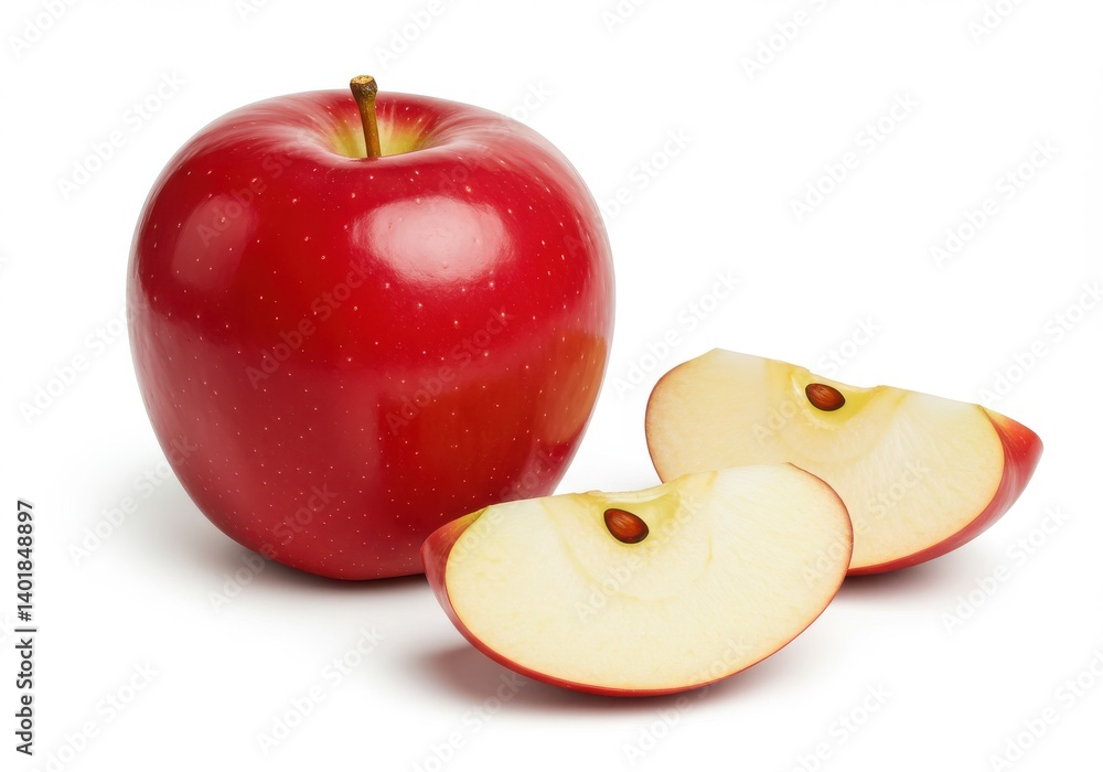 Poster a shiny red apple with two slices on a white background in a studio shot for a food advertisement