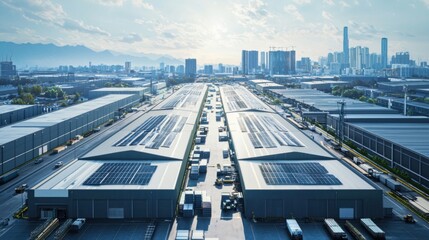 Fototapeta premium Industrial Area with Solar Panels and Urban Skyline in Background