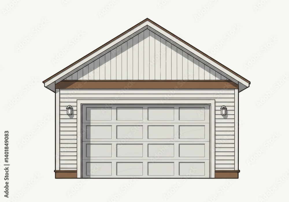 Poster a front view of a white garage with a closed door and two lights on each side of the door frame
