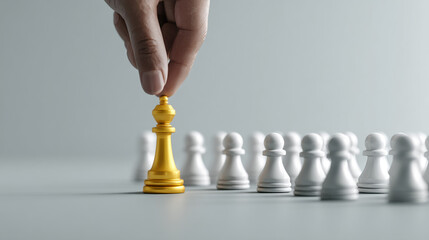 A hand places a golden king chess piece among white pawns, symbolizing strategy and leadership in a chess game.
