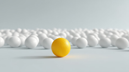 A vibrant yellow ball stands out among numerous white balls, creating a striking visual contrast and symbolizing individuality in a sea of uniformity.