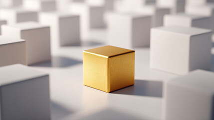 A singular golden cube stands out amidst a field of white cubes, symbolizing uniqueness and value in a minimalist design.