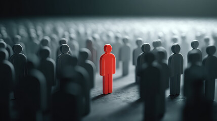 A striking visual of a red figure standing out among numerous gray figures, symbolizing individuality and distinction in a crowd.
