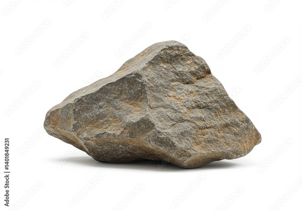 Poster isolated image showing a single gray rock with textured surface on a seamless white background studi