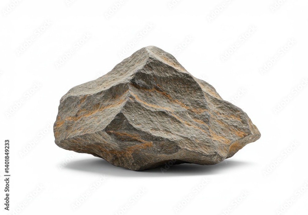 Poster isolated image of a single gray rock with rough texture on a plain white background in studio light