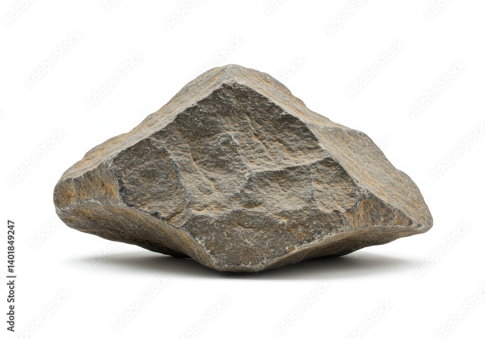 Poster a single gray stone with a rough texture is isolated on a white background with a slight shadow cast