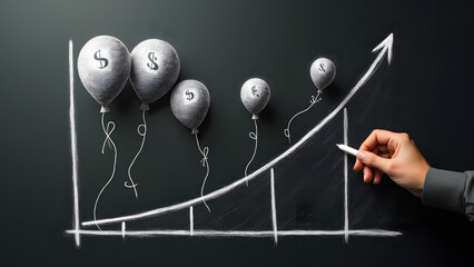 Deflating currency balloons climb an inflation curve beside a clock with price tag numbers. Smudged chalk lines on matte blackboard convey monetary urgency through minimalist economic art.