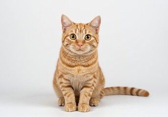 Obraz premium Orange tabby cat sitting upright with a curious expression on a plain white studio background view