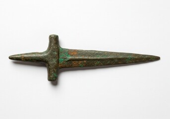 A tarnished bronze age dagger with a cruciform hilt lying on a white surface in a studio setting