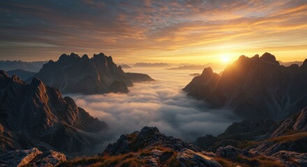Majestic Sunrise Over Foggy Mountain Valley