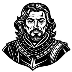 Black And White Vector Portrait Of A Man With Facial Hair And Decorative Armor